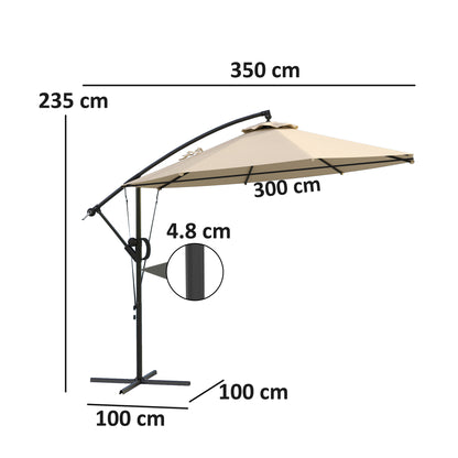 3(m) Garden Cantilever Parasol with Cover and Wind Protection Strap, Round Overhanging Umbrella with Crank Handle and Tilt