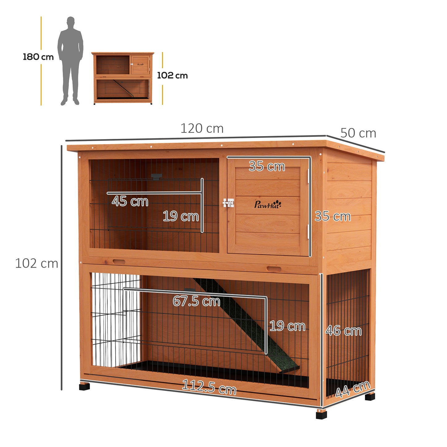 Two-Tier Antiseptic Wood Rabbit Hutch, 102cm Guinea Pig Hutch with Run - Orange