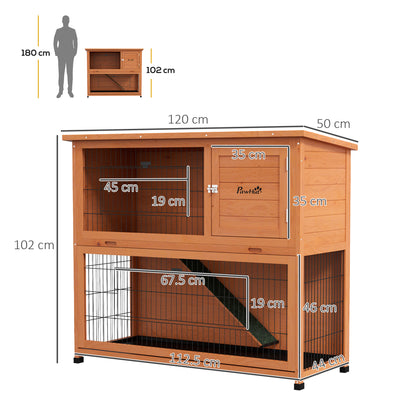 Two-Tier Antiseptic Wood Rabbit Hutch, 102cm Guinea Pig Hutch with Run - Orange