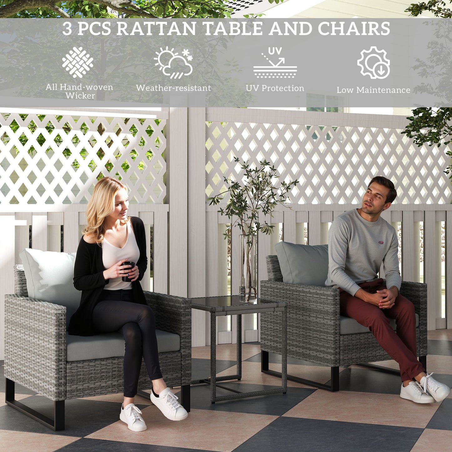 3 Pieces Rattan Bistro Set with 4 Cushions, Wicker Garden Furniture Set, Glass Top Coffee Table and Chairs for Outdoor Patio