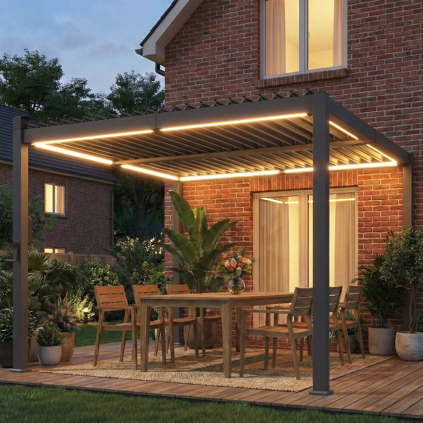 3 x 3 m Louvered Pergola with Solar LED lights, Metal Roof, Patio Gazebo Pergola Canopy with Drainage Gutters, Black