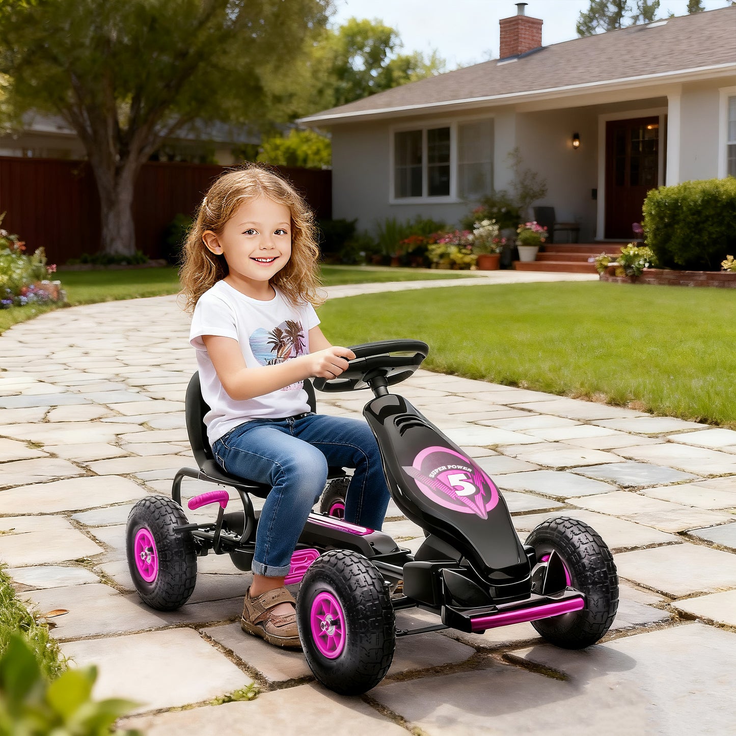 Kids Pedal Go Kart, with Adjustable Seat, Inflatable Tyres - Pink
