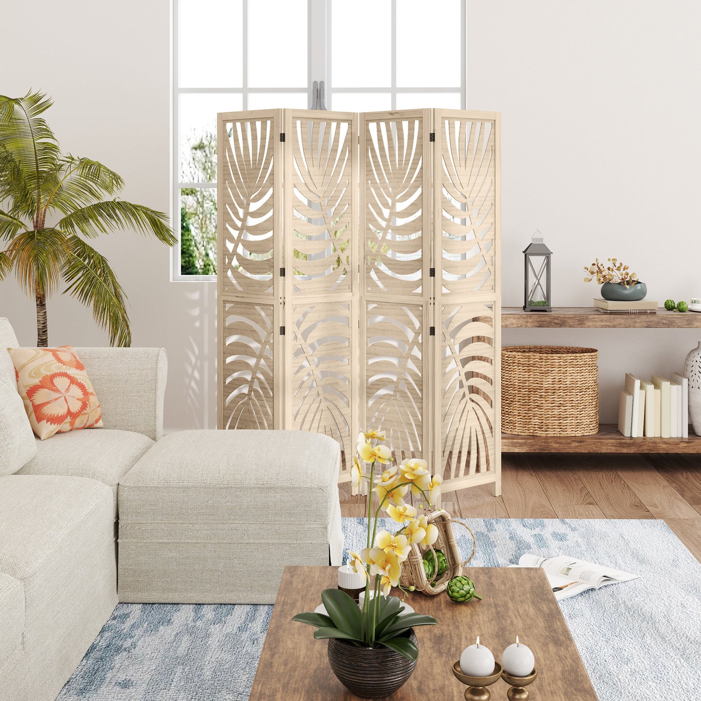 4 Panel Privacy Screens, Detachable Folding Room Divider with Palm Leaf Design for Home Office, Natural Wood Finish