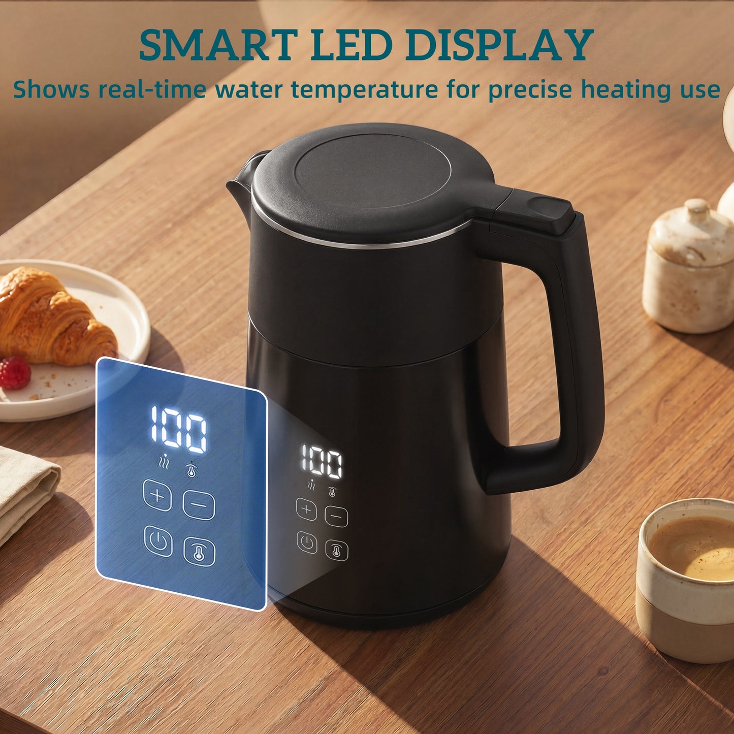 Electric Kettle, 1.7L Fast Boil 3kW Water Kettle with UK Strix Thermostat, LED Display, Keep Warm Function, Black