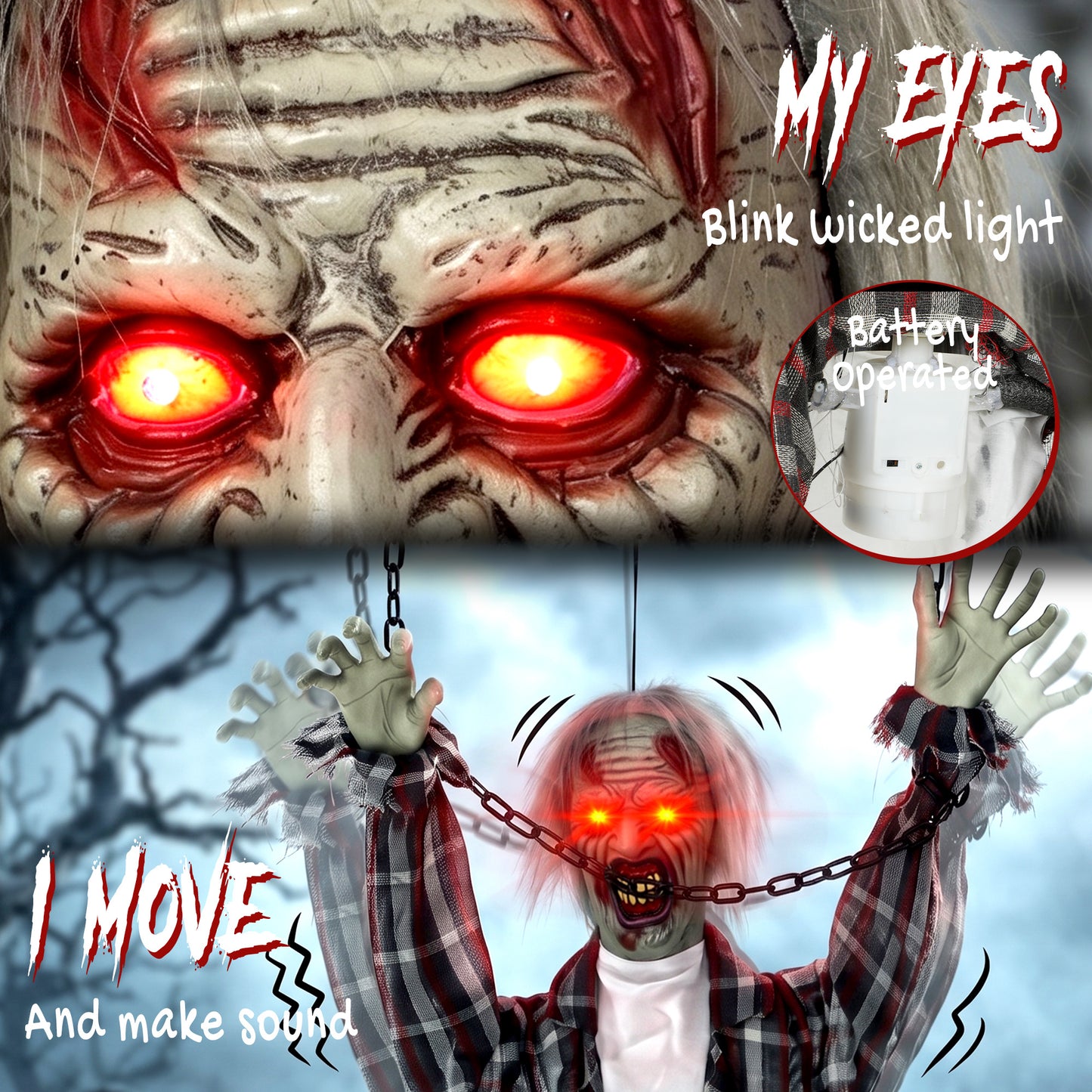 110cm Screaming Animated Hanging Halloween Decoration, Sound Touch Activated Zombie Decor with Glowing Red Eyes