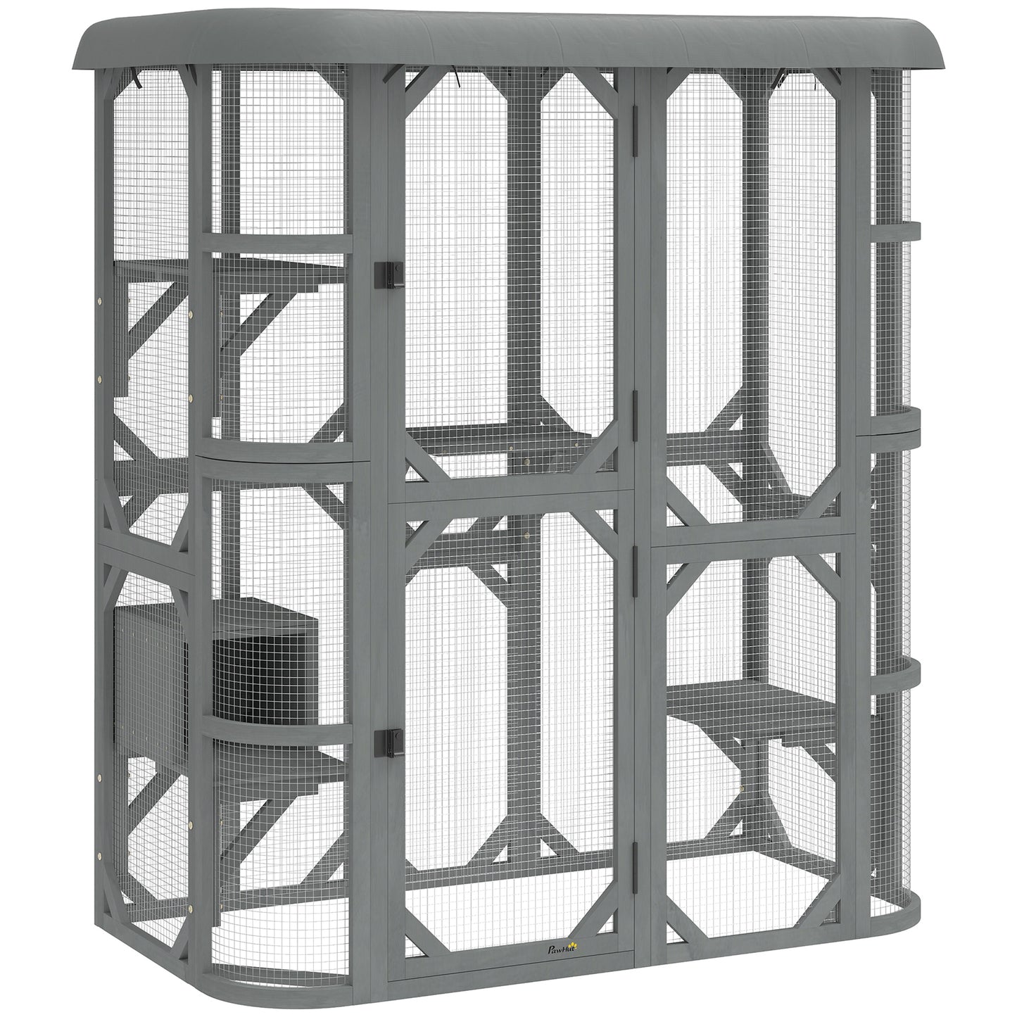 Catio Outdoor Cat Enclosure, Wooden Cat House with Platforms, Condo and Waterproof Cover for 2–3 Kittens, Grey