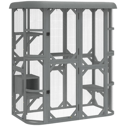 Catio Outdoor Cat Enclosure, Wooden Cat House with Platforms, Condo and Waterproof Cover for 2–3 Kittens, Grey
