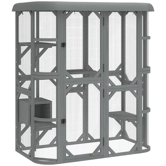 Catio Outdoor Cat Enclosure, Wooden Cat House with Platforms, Condo and Waterproof Cover for 2–3 Kittens, Grey