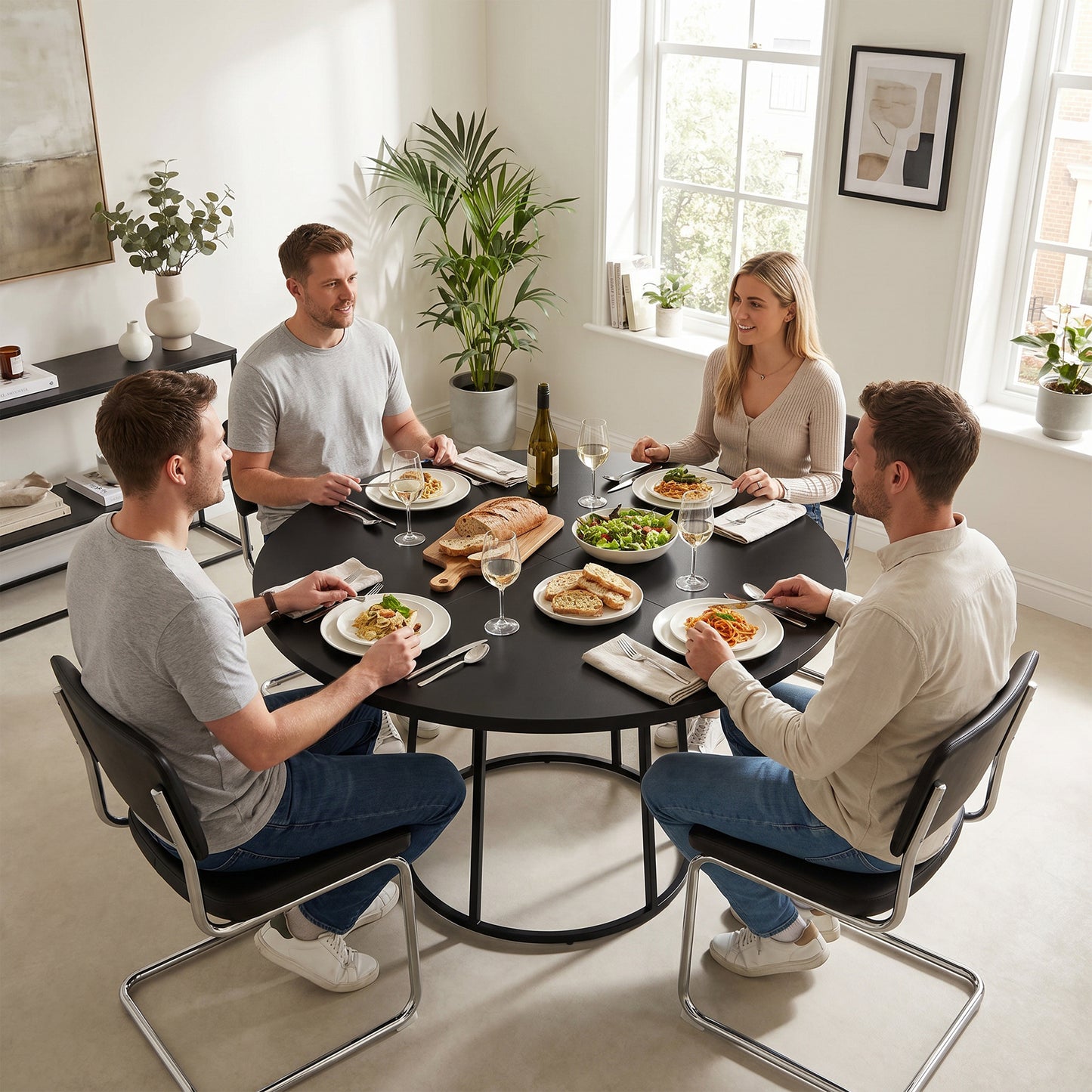 Dining Table Space Saving Kitchen Table Spliced Tabletop Conical Metal Base 120 cm Round Black