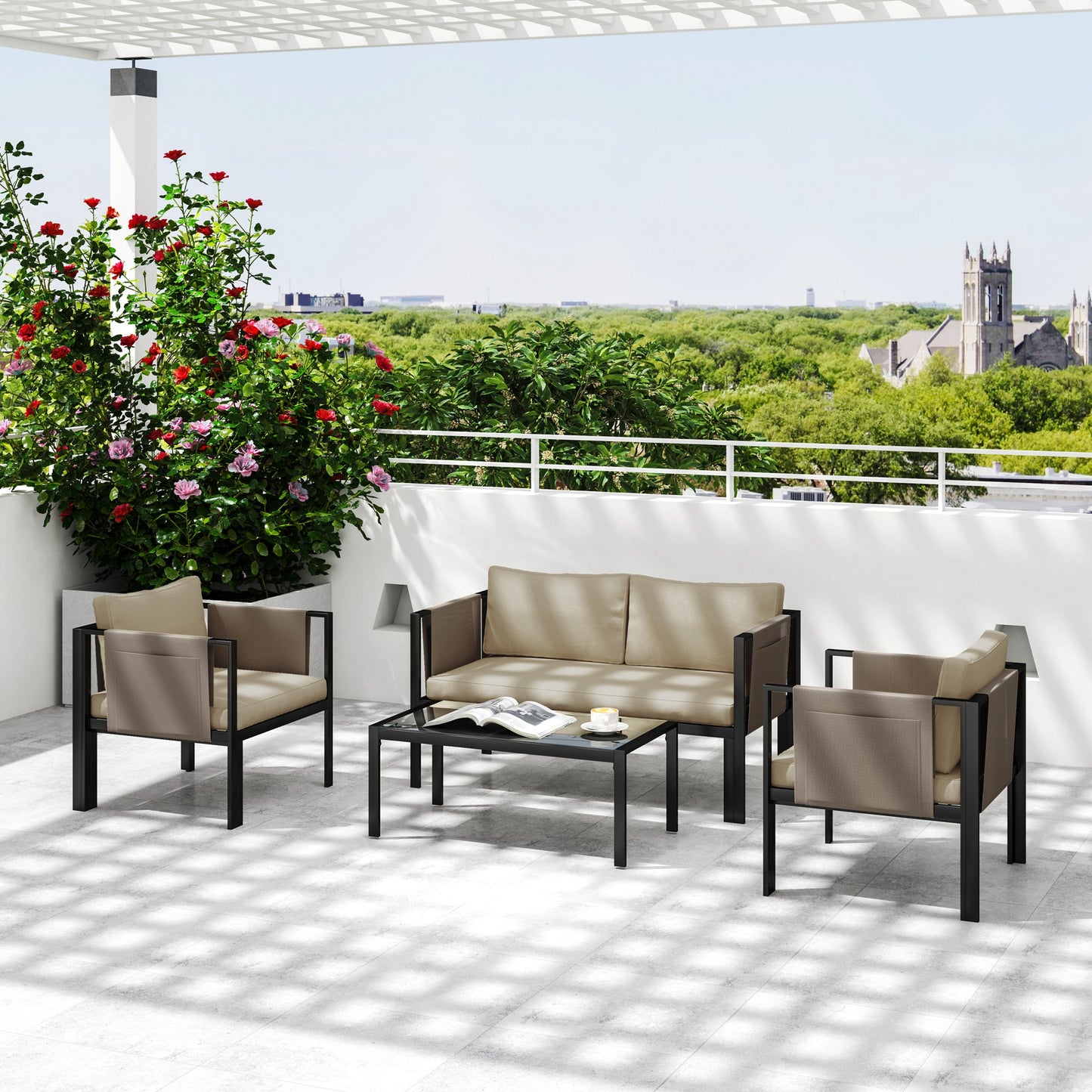 4 Piece Metal Garden Furniture Set with Tempered Glass Coffee Table, Texteline Pocket