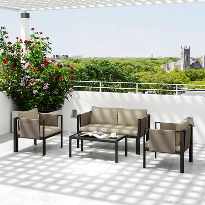 4 Piece Metal Garden Furniture Set with Tempered Glass Coffee Table, Texteline Pocket