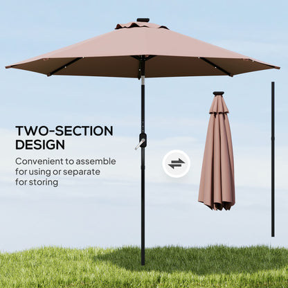 Φ2.7m Garden 24 LED Light Parasol Solar Outdoor Tilt Sun Umbrella Patio Club Party Event Manual Sun Shade w/ Hand Crank and 8