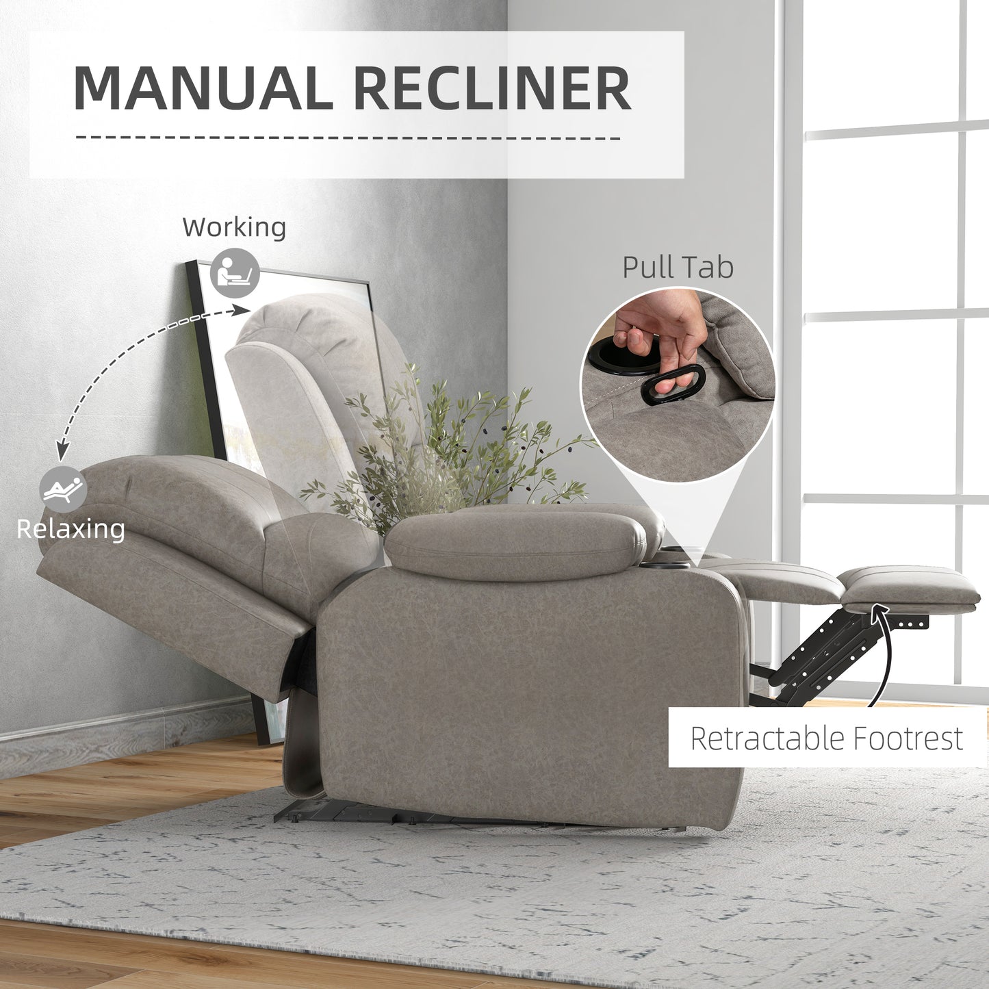 Recliner Chair, Microfibre Reclining Chair with Adjustable Leg Rest, Cup Holders, Recliner Armchair for Home Living Room
