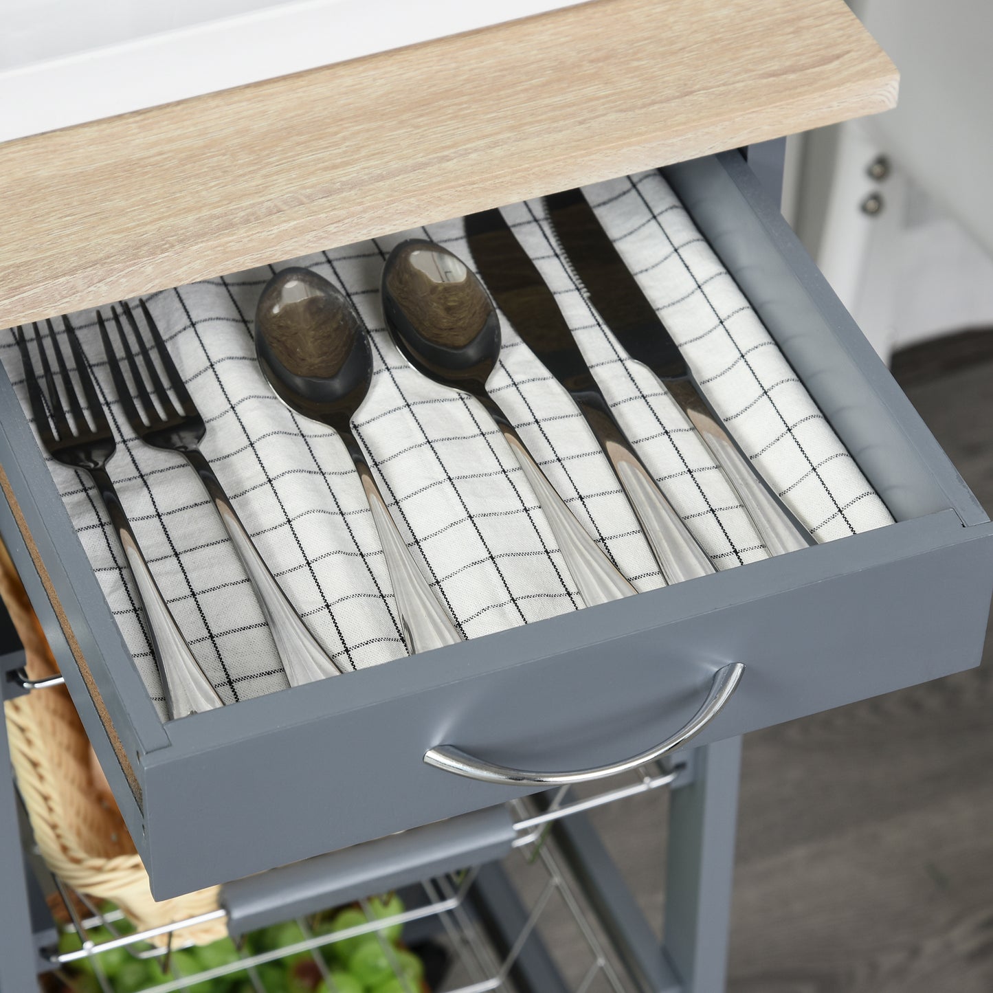 Rolling Kitchen Cart, Utility Storage Cart with 4 Basket Drawers & Side Racks, Wheels for Dining Room, Grey