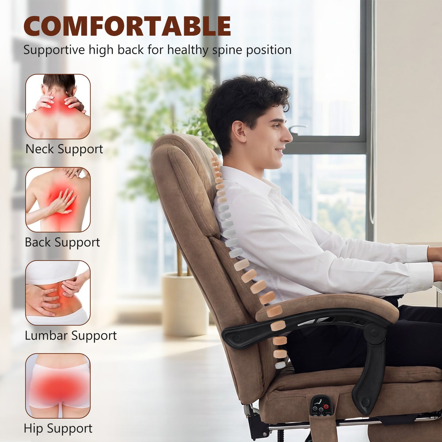 Office Chair with 6-Point Vibration Massage and Heat, Executive Computer Desk Chair with High Back, Reclining, Brown