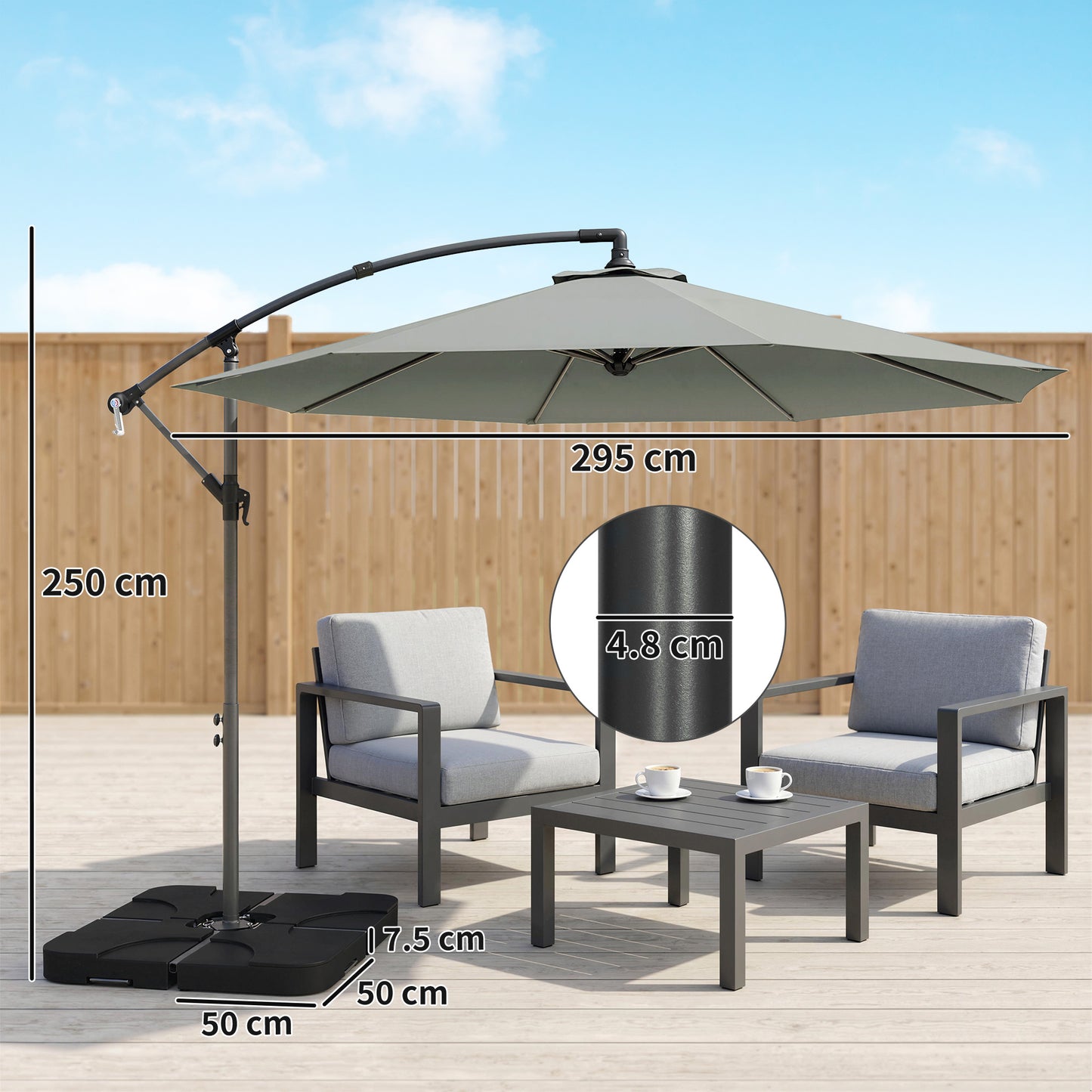 3m Overhanging Parasol, with Base, Weights and Cover - Light Grey