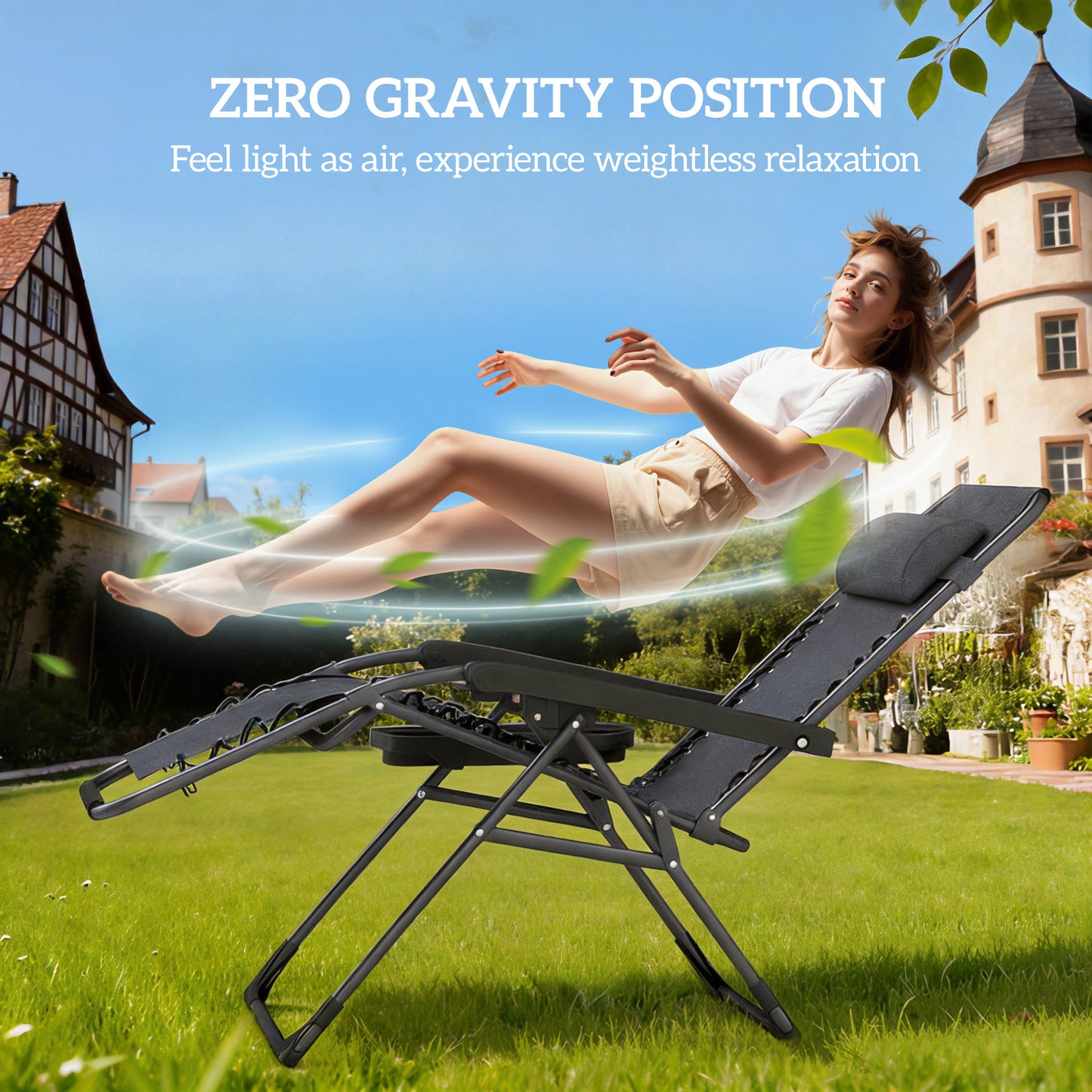 Zero Gravity Chairs Set of 2, Folding Sunloungers Reclining Garden Chairs with Cup Holder, Headrest, Dark Grey