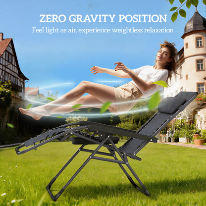 Zero Gravity Chairs Set of 2, Folding Sunloungers Reclining Garden Chairs with Cup Holder, Headrest, Dark Grey