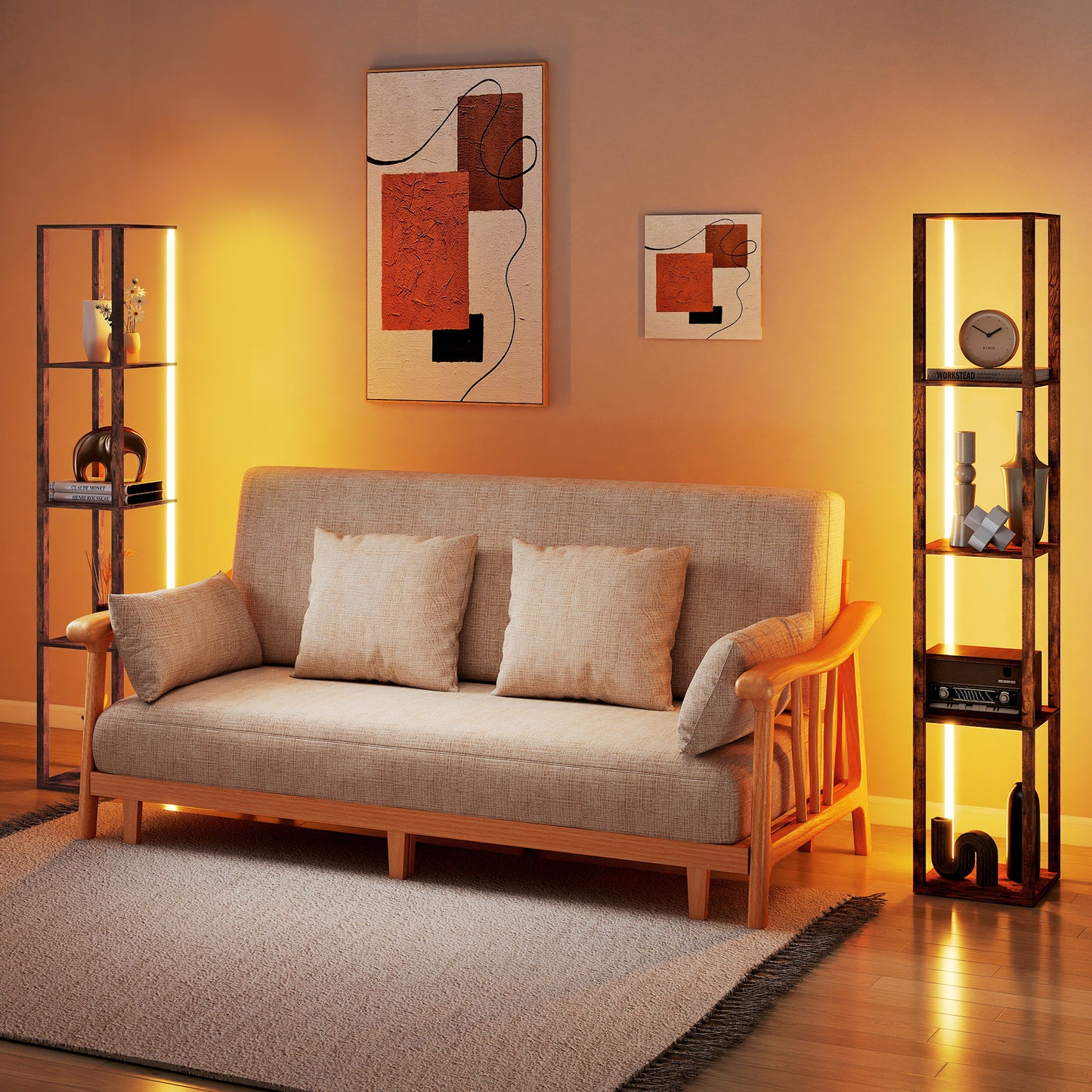 RGB LED Floor Lamp with Shelves, Modern Dimmable Standing Lamp with Remote Control