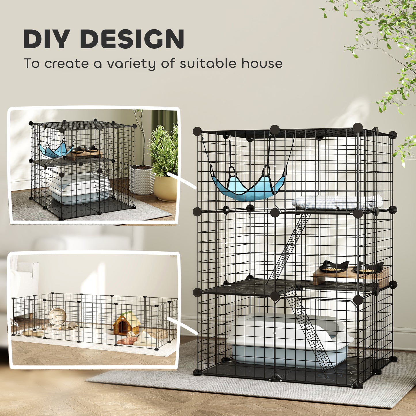 Indoor Cat Cage DIY Customizable 3-Tier Indoor Cat Enclosure with 3 Doors and Hammock 105 cm Black