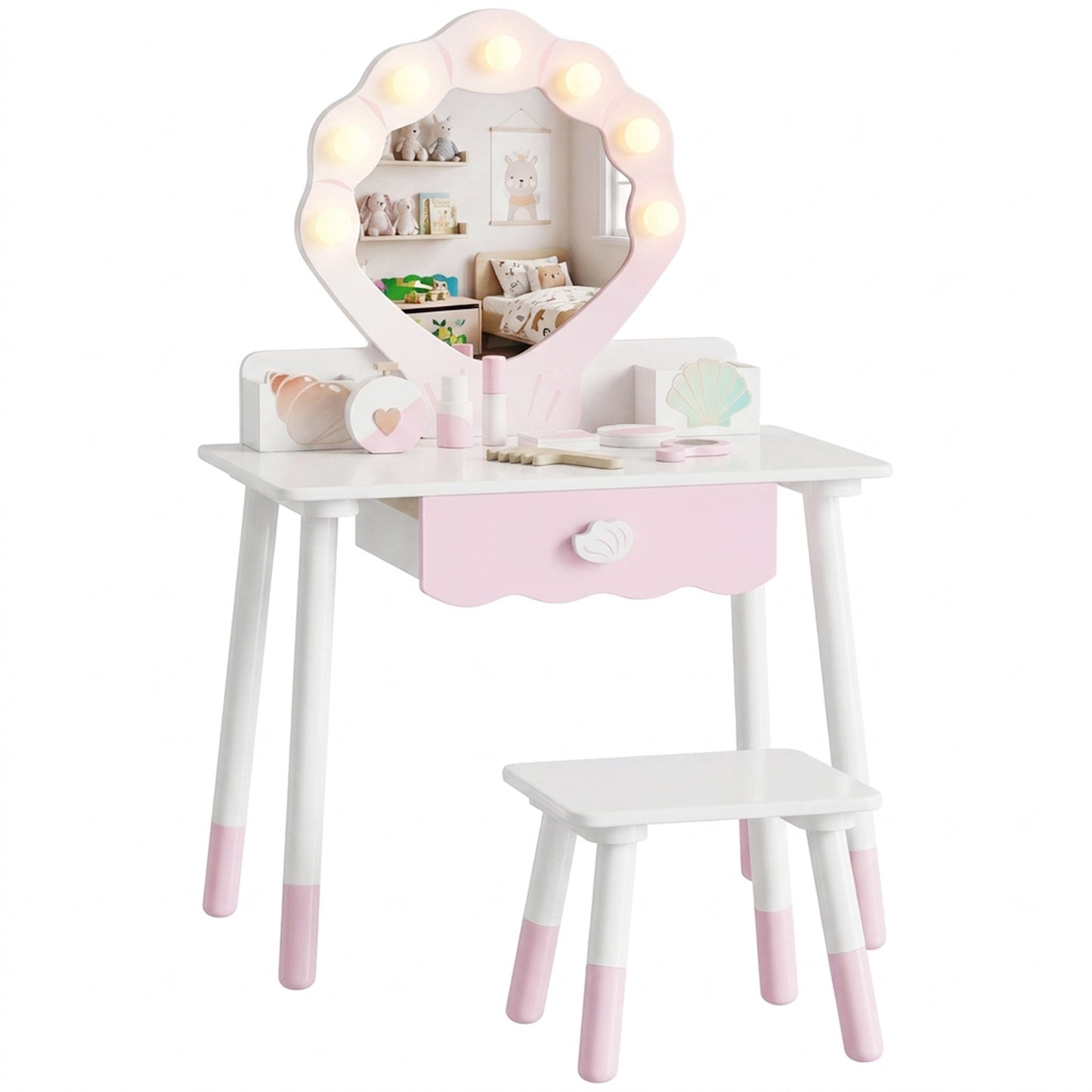 Kids Vanity Set, Kids Dressing Table with Chair, Acrylic Mirror, Lighted Bulbs, 7-Piece Accessories, for 3-8 Years, Pink