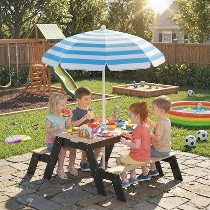 Kids Garden Furniture with Parasol, 3 in 1 Wooden Sand and Water Table with 2 Hidden Play Boxes for Patio, Ages 3-6