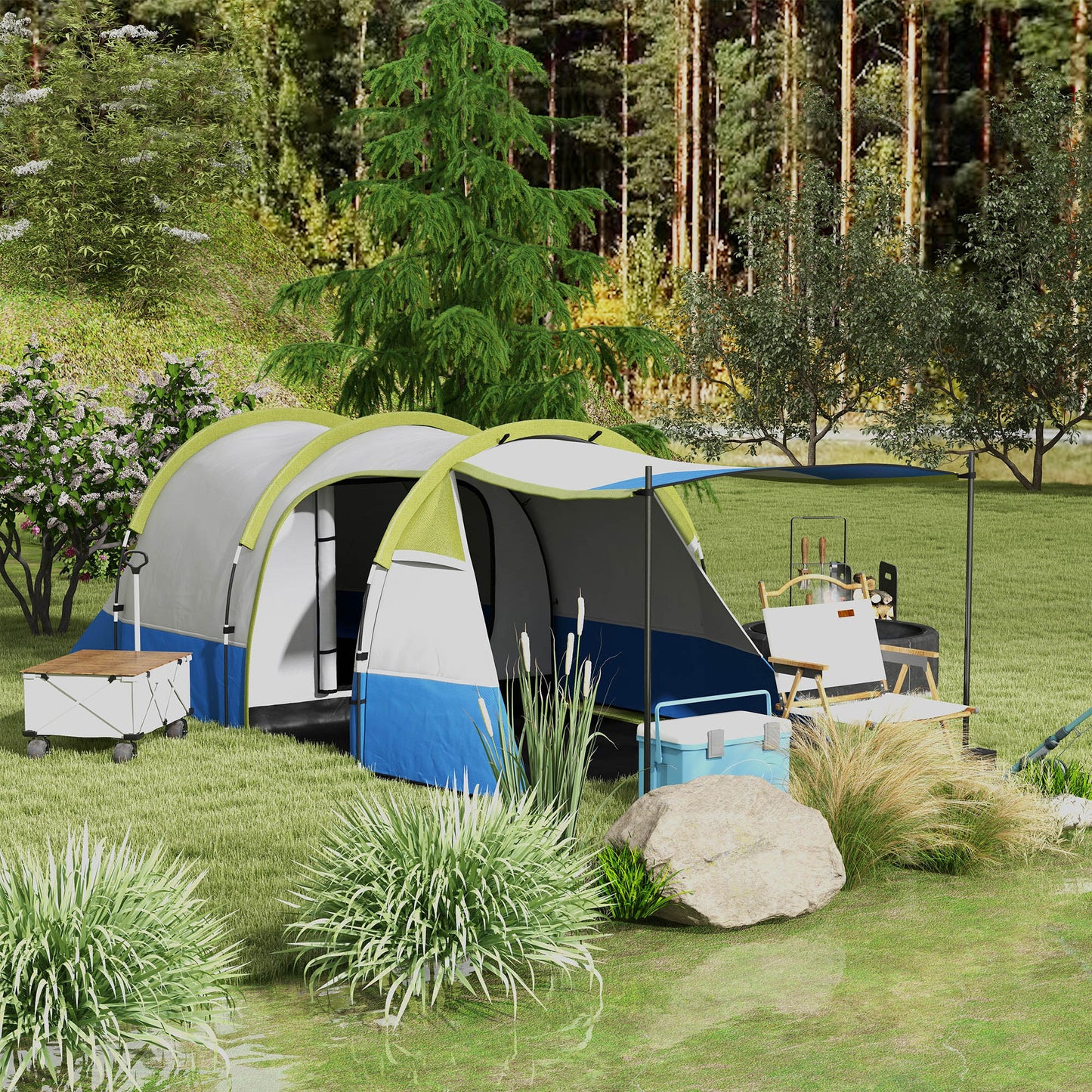 Two Man Two-Room Tent, with Porch and Accessories - Green