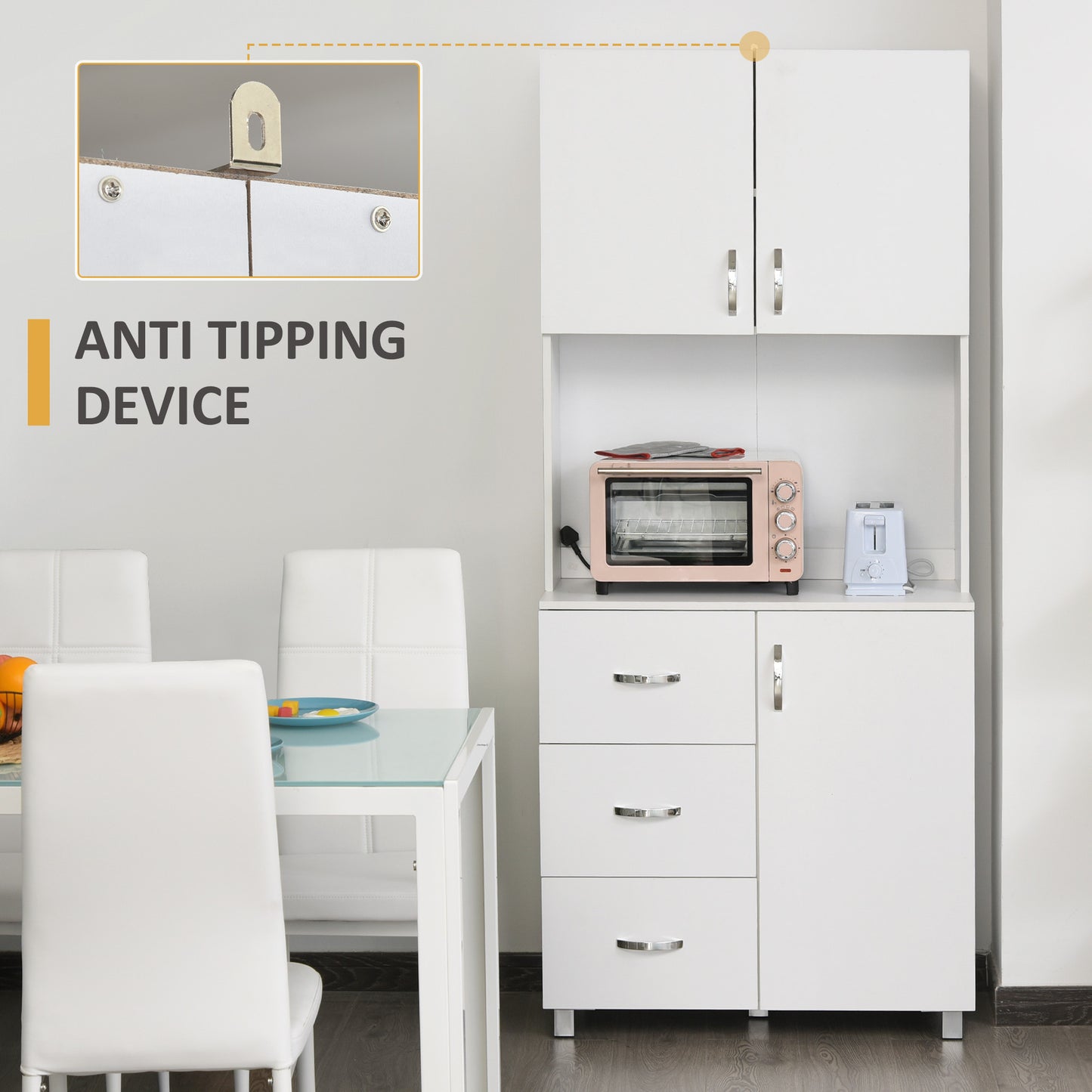 183.5cm Free standing Kitchen Cupboard, Storage Cabinet with Doors and Sheleves, 3 drawers and Open Space