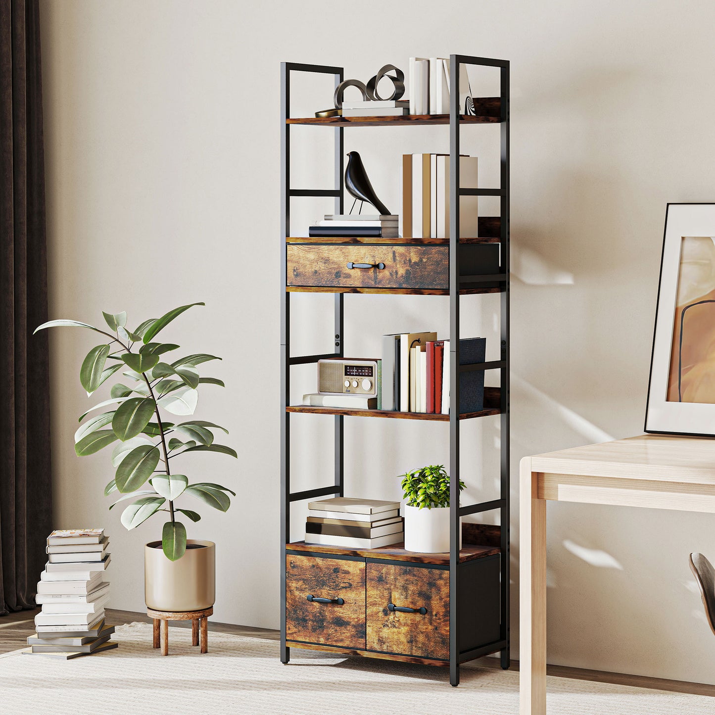 Industrial Style Bookcase, with 4 Shelves and 3 Fabric Drawers - Brown/Black