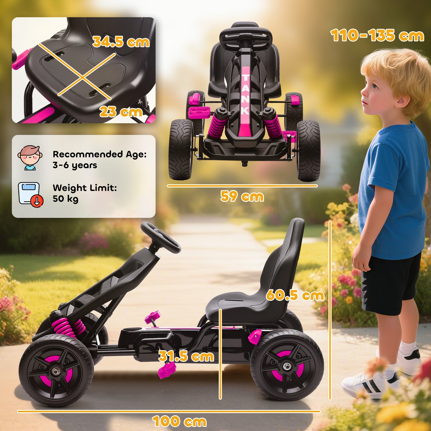Pedal Go Kart for Kids Aged 3-6 Years, with Freewheel System, Brake, EVA Anti-Slip Wheels, Pink