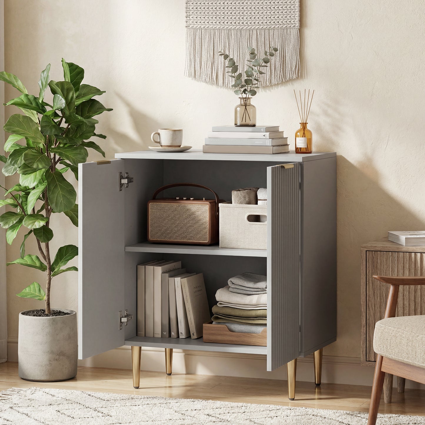 Sideboard Buffet Cabinet, Modern Kitchen Storage Cabinet with Adjustable Shelf and Metal Legs, Grey