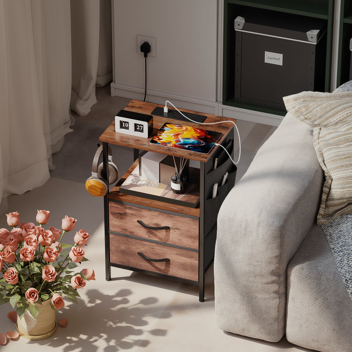 Bedside Table with Charging Station - Rustic Brown
