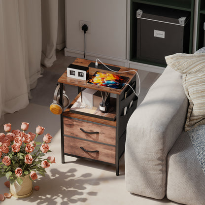 Bedside Table with Charging Station - Rustic Brown
