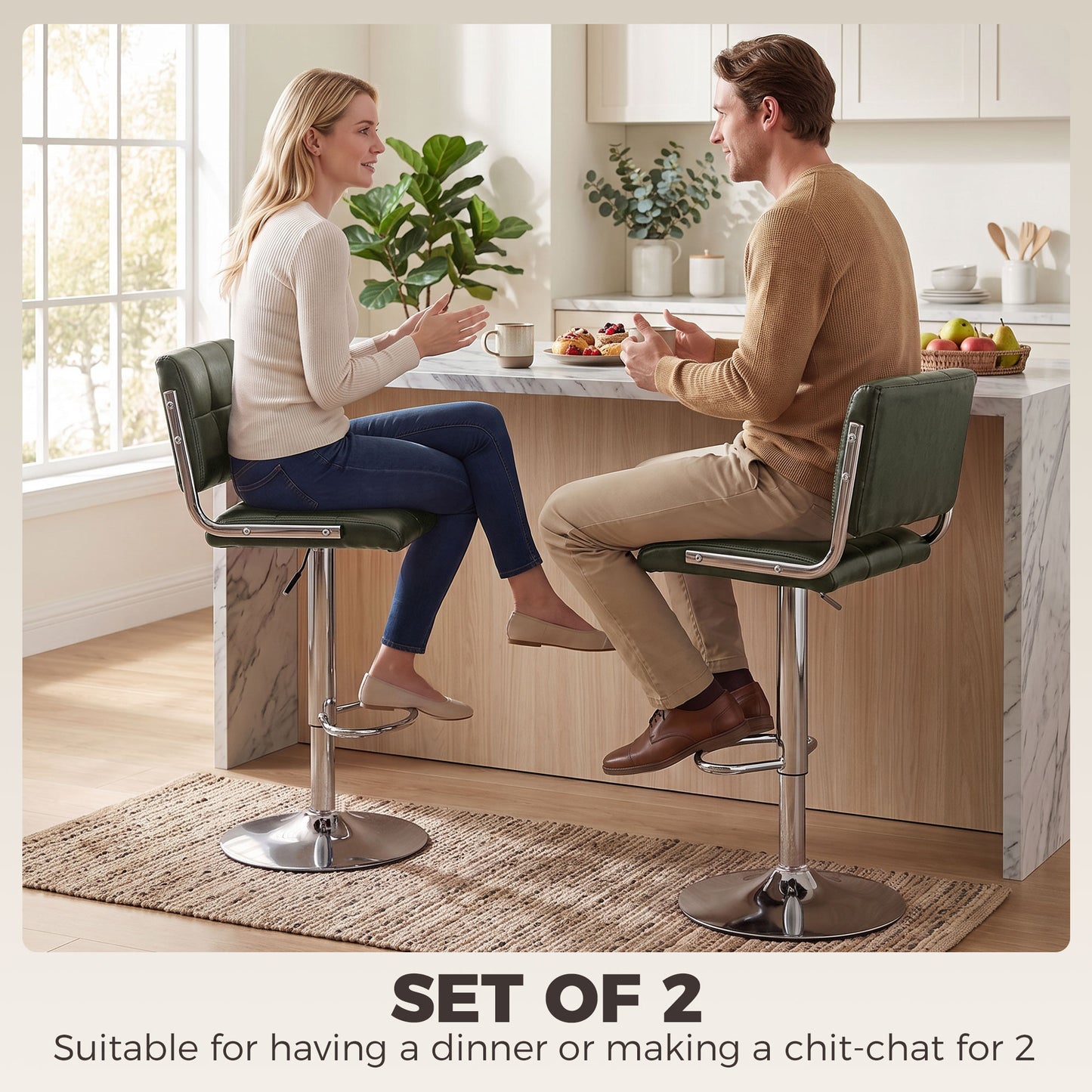 Bar Stools Modern PU Leather Adjustable Breakfast Bar Stools Backrest Set of 2 Green