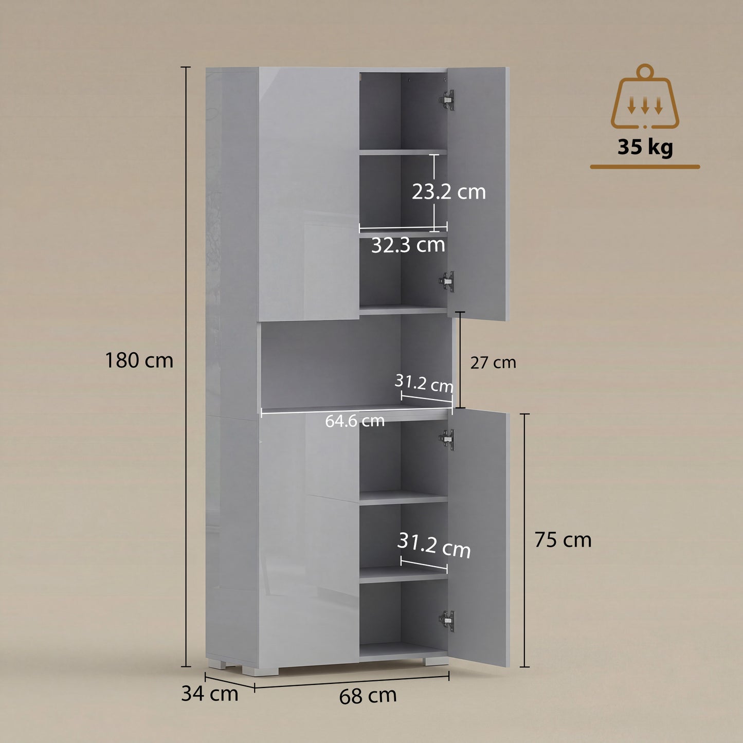180 cm Tall Kitchen Cupboard, Pantry Storage Cabinet with Soft Close Doors and Adjustable Shelves, High Gloss Grey
