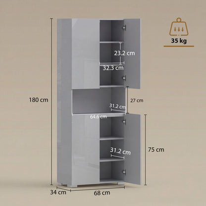 180 cm Tall Kitchen Cupboard, Pantry Storage Cabinet with Soft Close Doors and Adjustable Shelves, High Gloss Grey