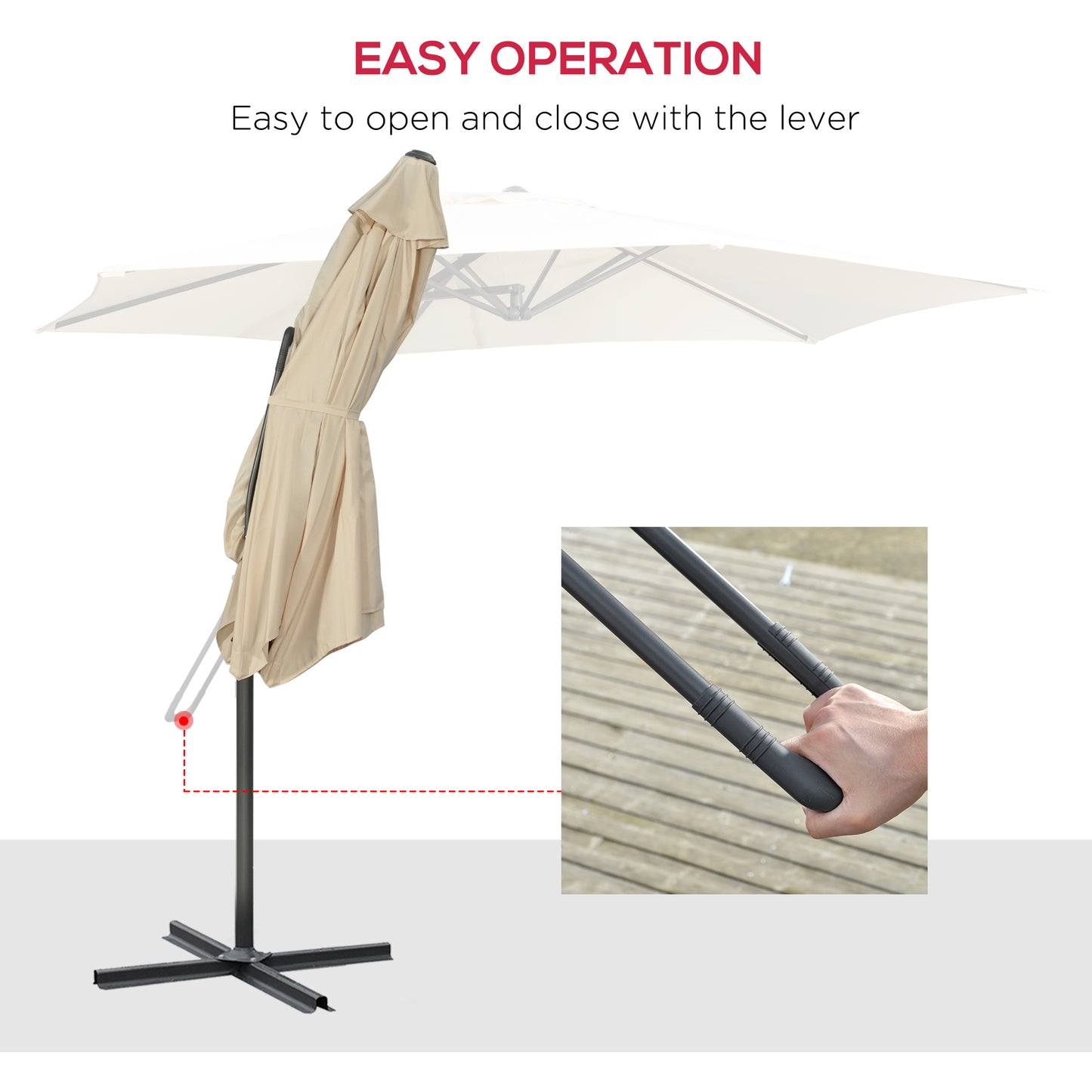 3m Cantilever Parasol with Easy Lever, Patio Umbrella with Crank Handle, Cross Base and 6 Metal Ribs