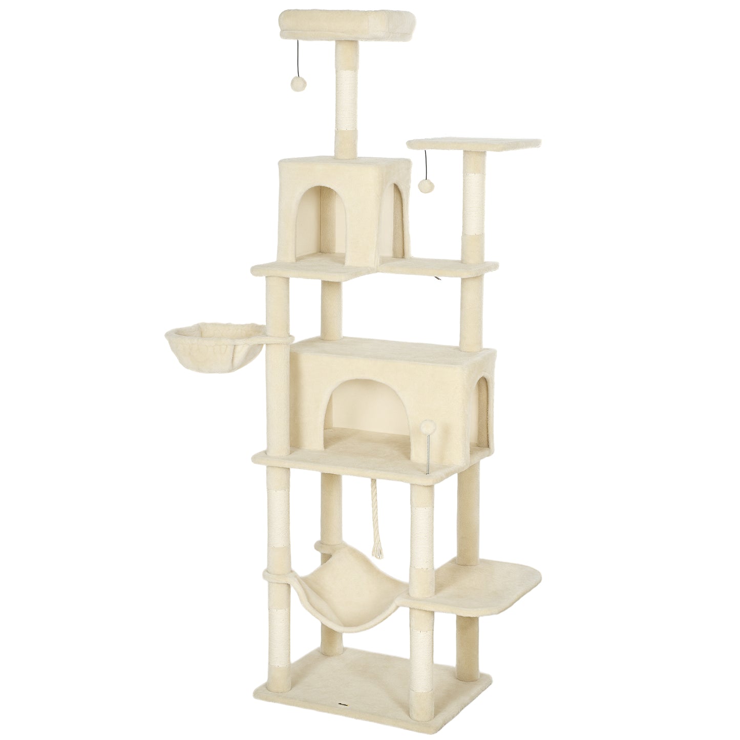 202cm Cat Tree with 6 Scratching Posts, 2 Hammocks, 2 Condos, 2 Perches, Pompoms, for Cats to Rest and Play, Beige