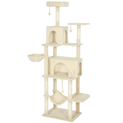 202cm Cat Tree with 6 Scratching Posts, 2 Hammocks, 2 Condos, 2 Perches, Pompoms, for Cats to Rest and Play, Beige