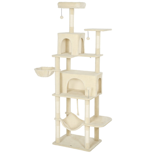 202cm Cat Tree with 6 Scratching Posts, 2 Hammocks, 2 Condos, 2 Perches, Pompoms, for Cats to Rest and Play, Beige