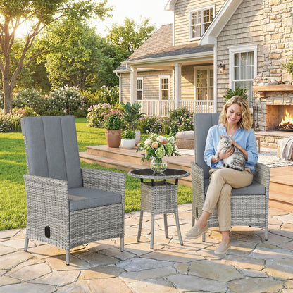 Rattan Bistro Set, Reclining Garden Chairs and Glass Coffee Table with Cushions for Patio Balcony Porch, Light Grey