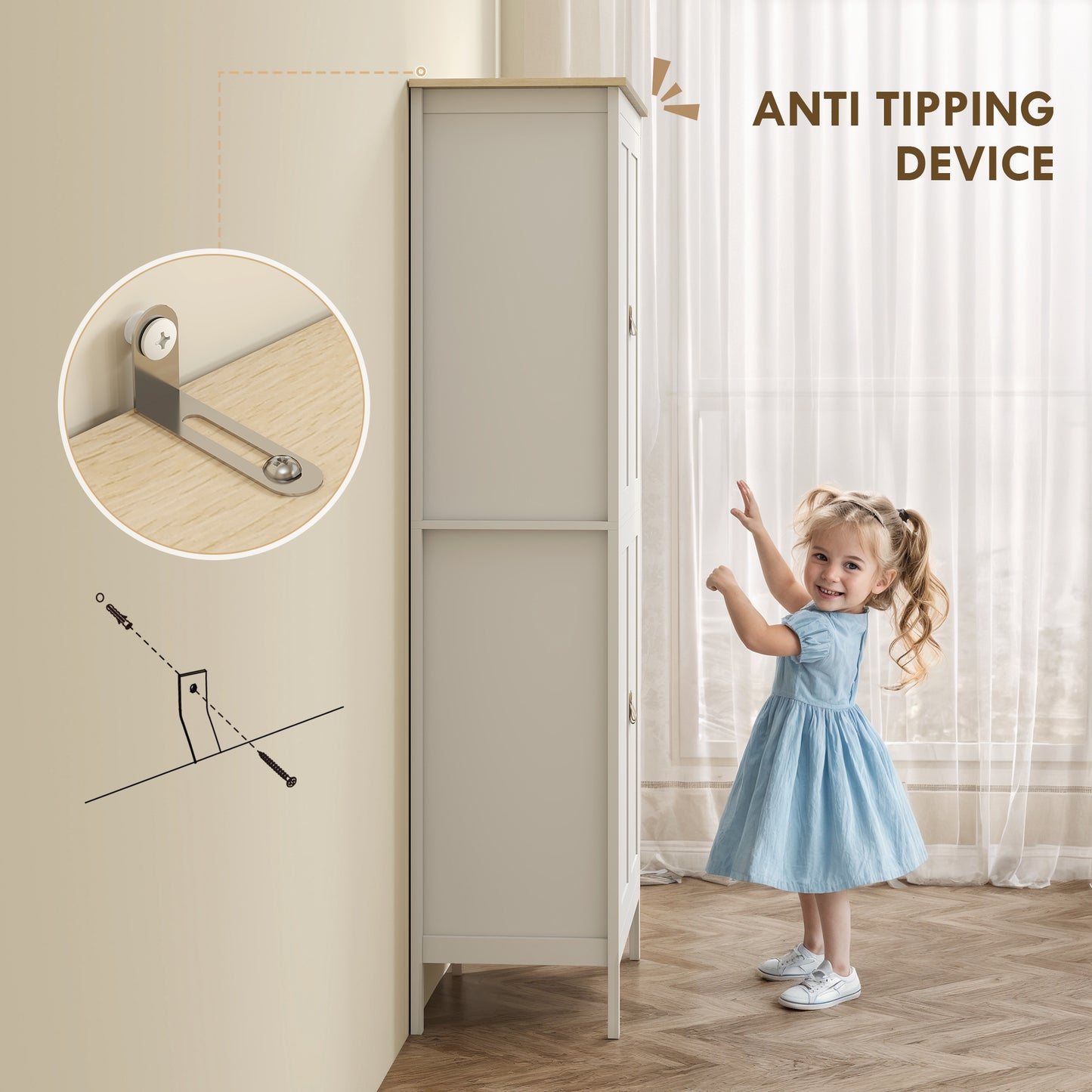 176.5 cm Tall Pantry Cupboard with Motion Sensor LED Light - White