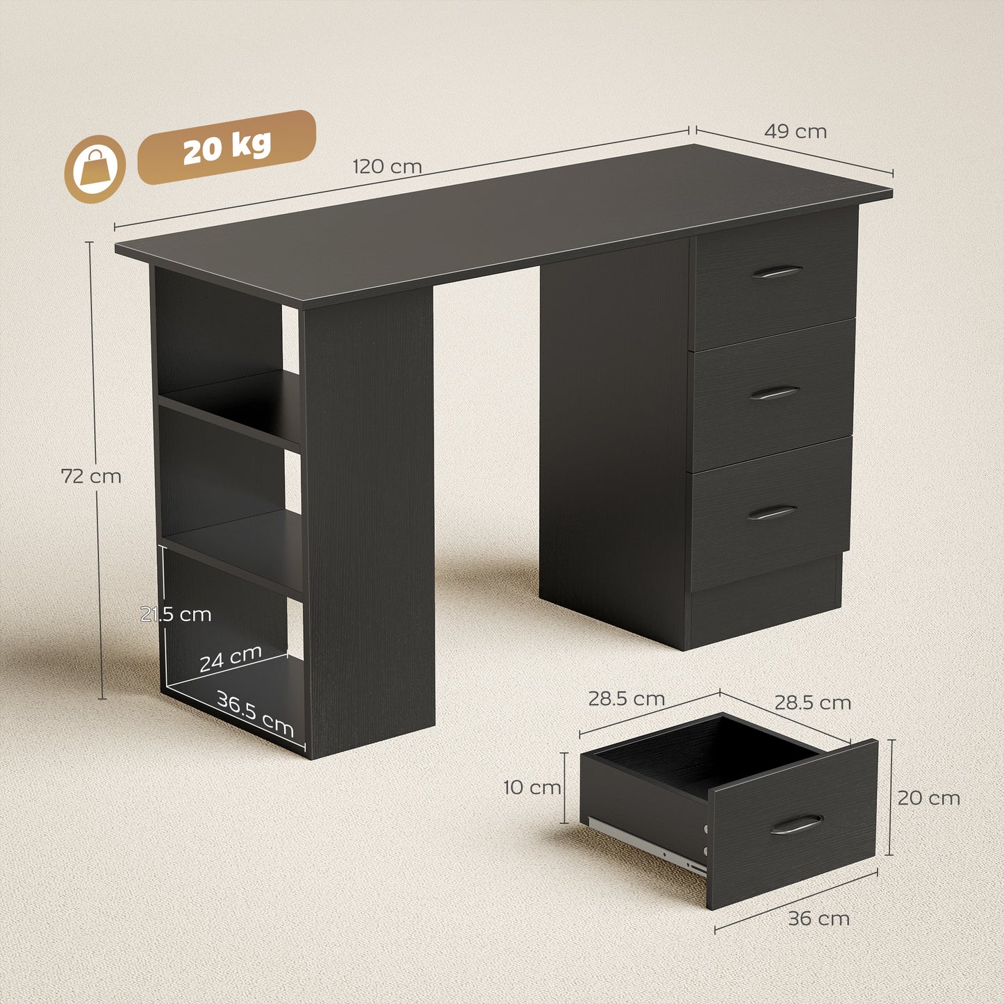 Computer Desk, Writing Table, PC Workstation with 3 Storage Shelves and Drawers, Handle, for Home Office, Black