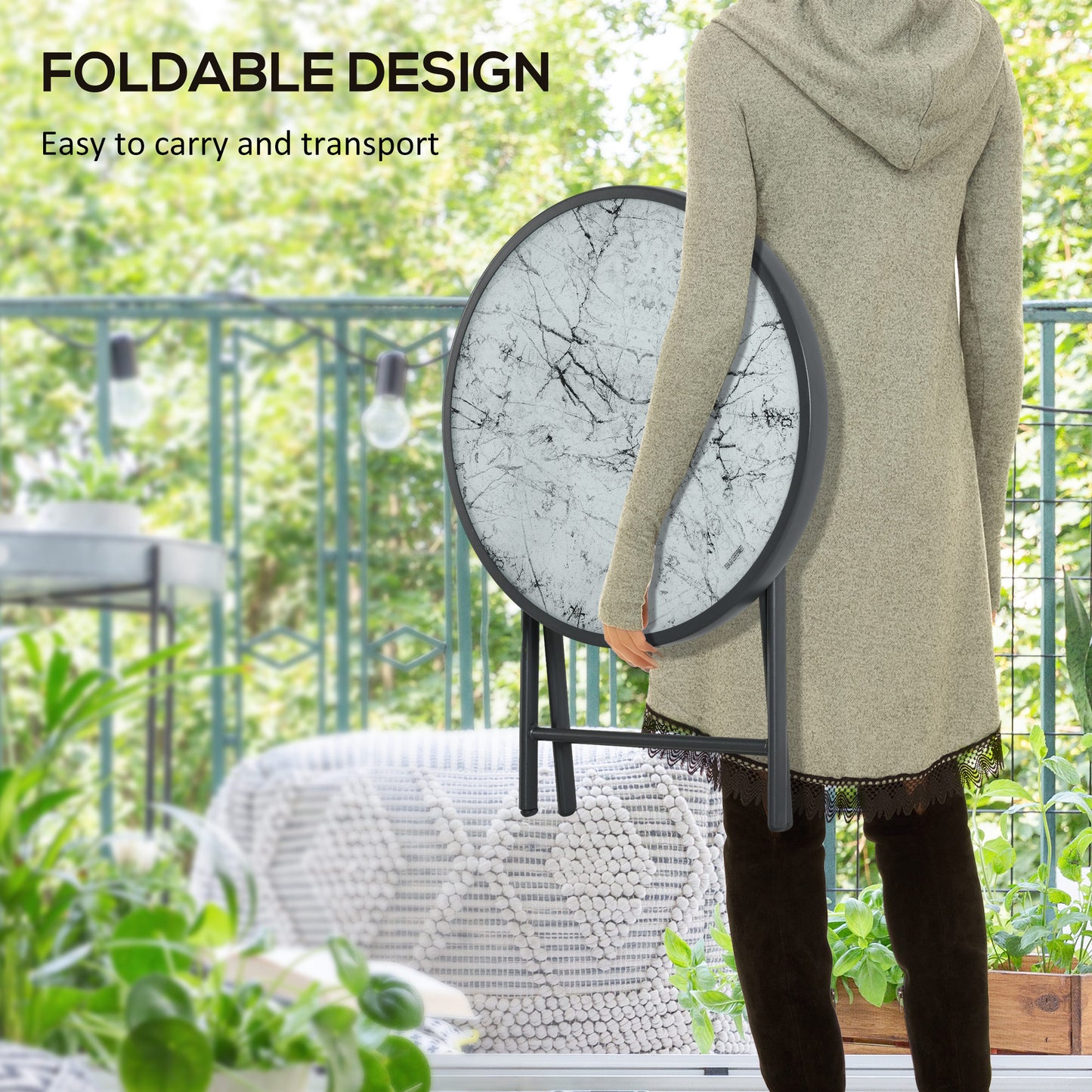 Φ45cm Garden Side Table, Outdoor Round Folding Patio Table with Imitation Marble Glass Top, Small Coffee Table, White