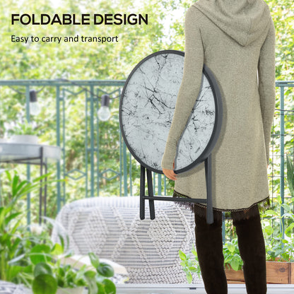 Φ45cm Garden Side Table, Outdoor Round Folding Patio Table with Imitation Marble Glass Top, Small Coffee Table, White