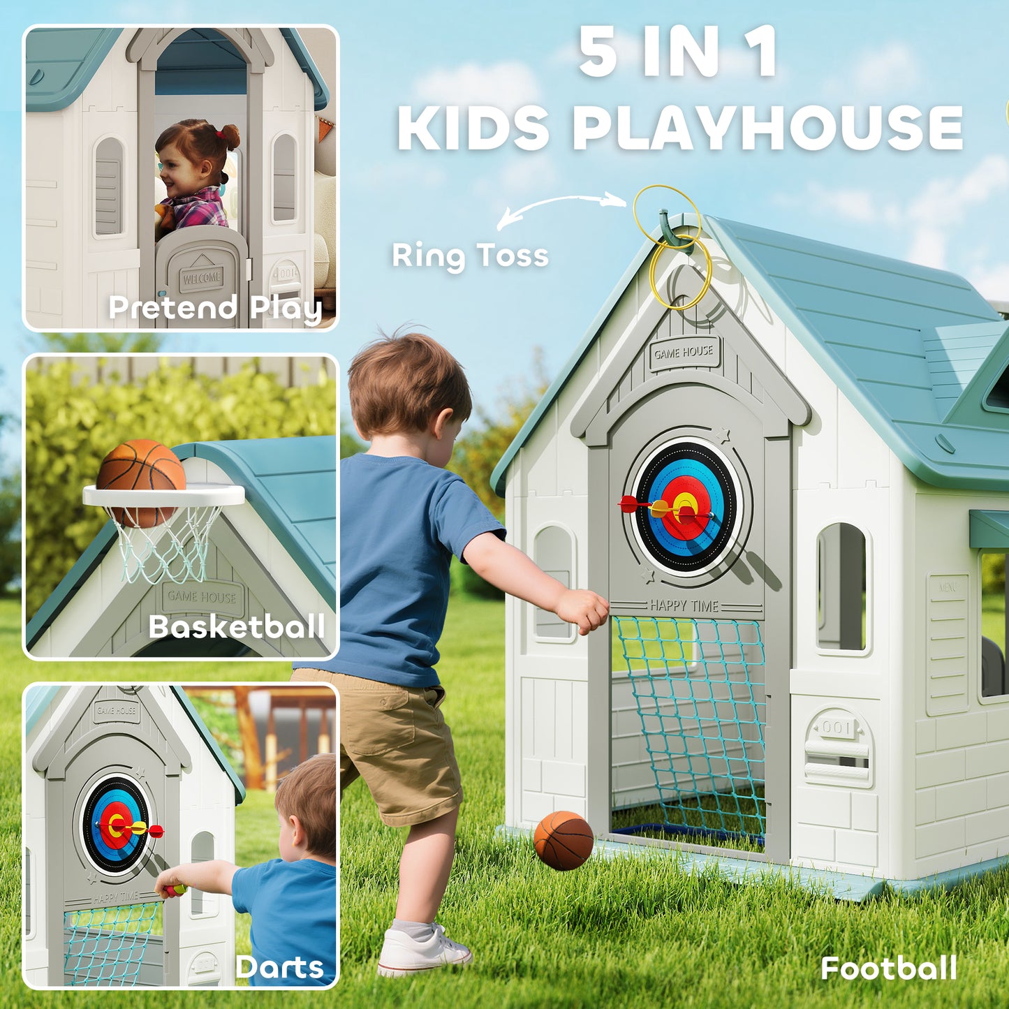 5-in-1 Playhouse for Kids Outdoor Indoor with Basketball Hoop, Football Goal, Dartboard, Ring Toss for 2-5 Years, Beige