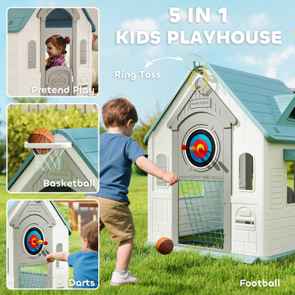 5-in-1 Playhouse for Kids Outdoor Indoor with Basketball Hoop, Football Goal, Dartboard, Ring Toss for 2-5 Years, Beige