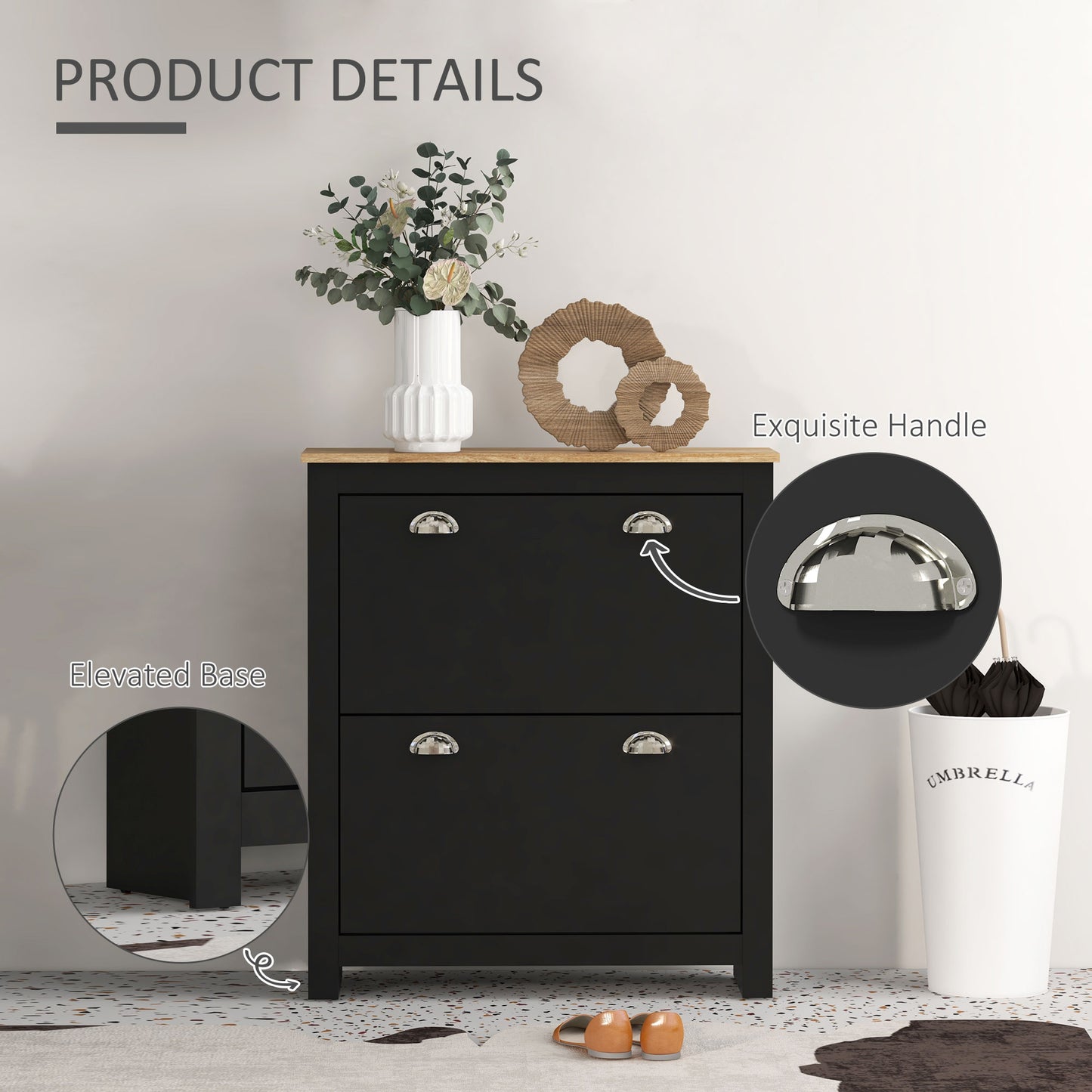 2 Drawer Shoe Cabinet Modern Narrow Shoe Cupboard Hallway Wooden Storage Organiser with Flip Doors Adjustable Shelf for 6-12