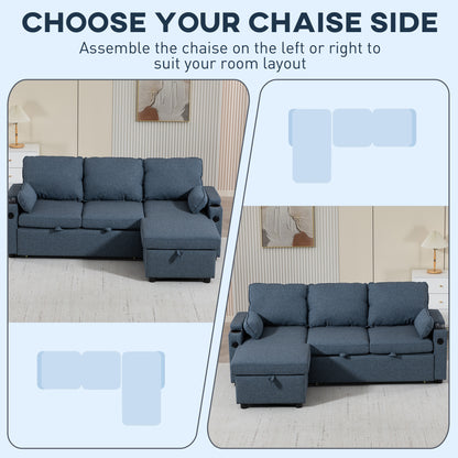 Corner Sofa Bed, L Shaped Sleeper Sectional Sofa with Reversible Storage Chaise, Blue