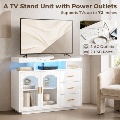 High Gloss Sideboard with LED Lights, Built-in Power Outlets, 3 Drawers, Shelves and 2 Acrylic Doors, White